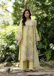 Elaf Premium Embroidered Luxury Lawn Unstitched 3Pc Suit ELQ-7A BUTTER YELLOW