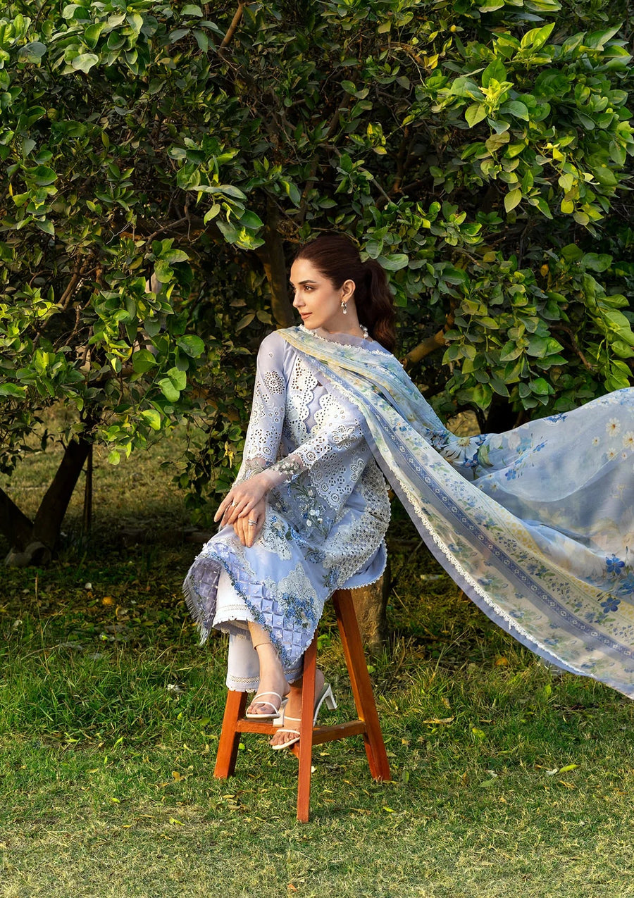 Elaf Premium Embroidered Luxury Lawn Unstitched 3Pc Suit ELY-12 SKY BLISS