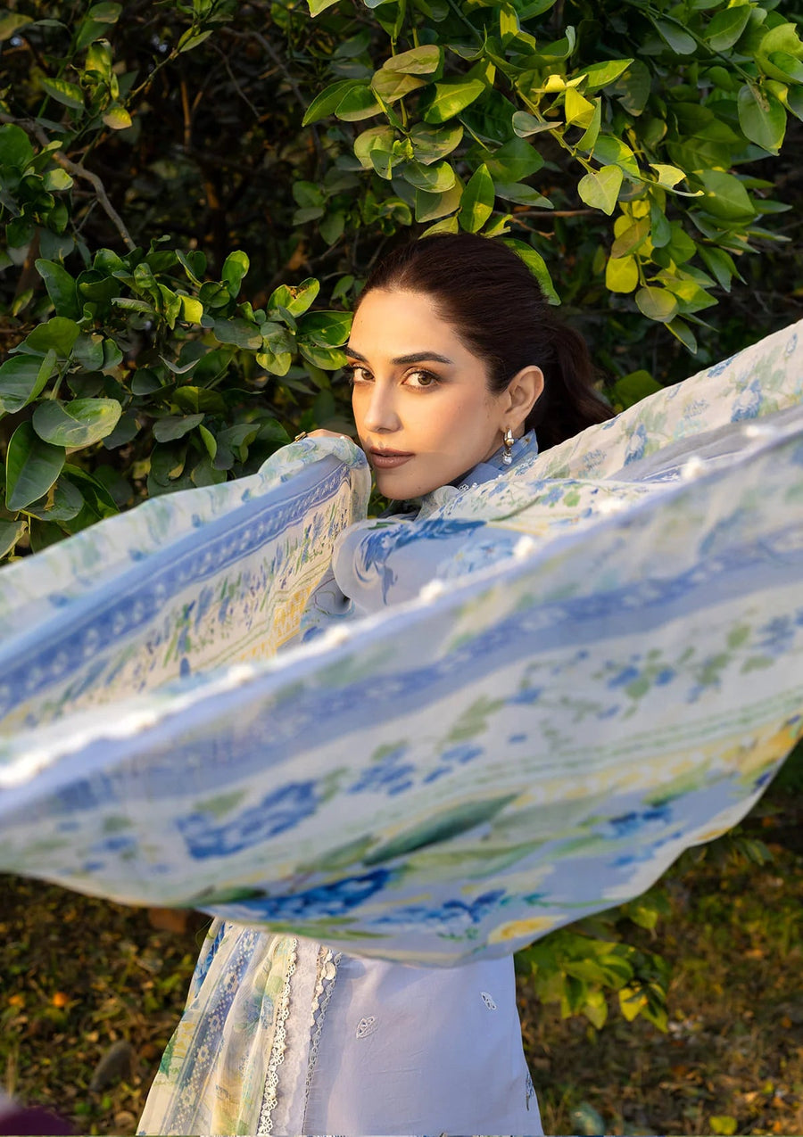 Elaf Premium Embroidered Luxury Lawn Unstitched 3Pc Suit ELY-12 SKY BLISS