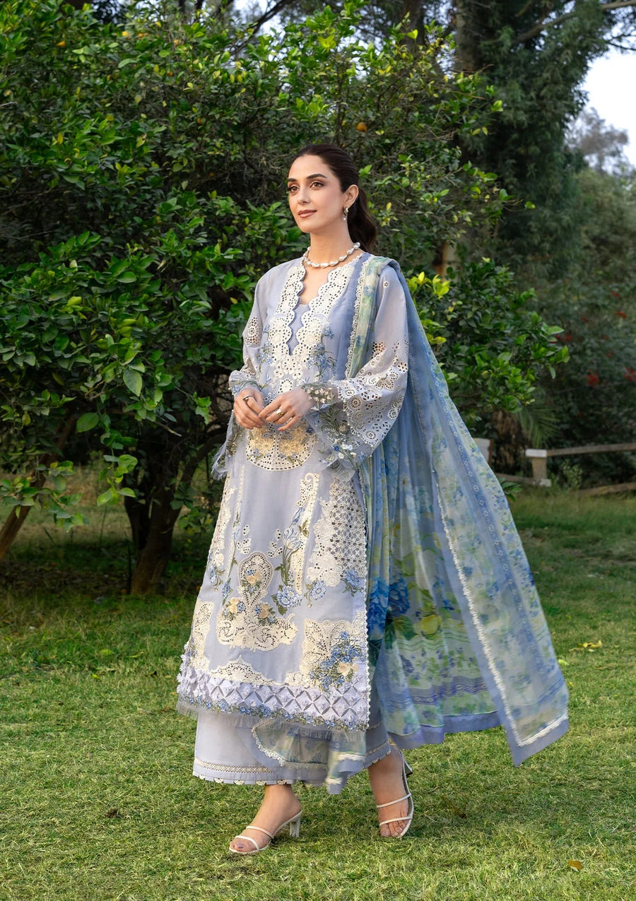 Elaf Premium Embroidered Luxury Lawn Unstitched 3Pc Suit ELY-12 SKY BLISS