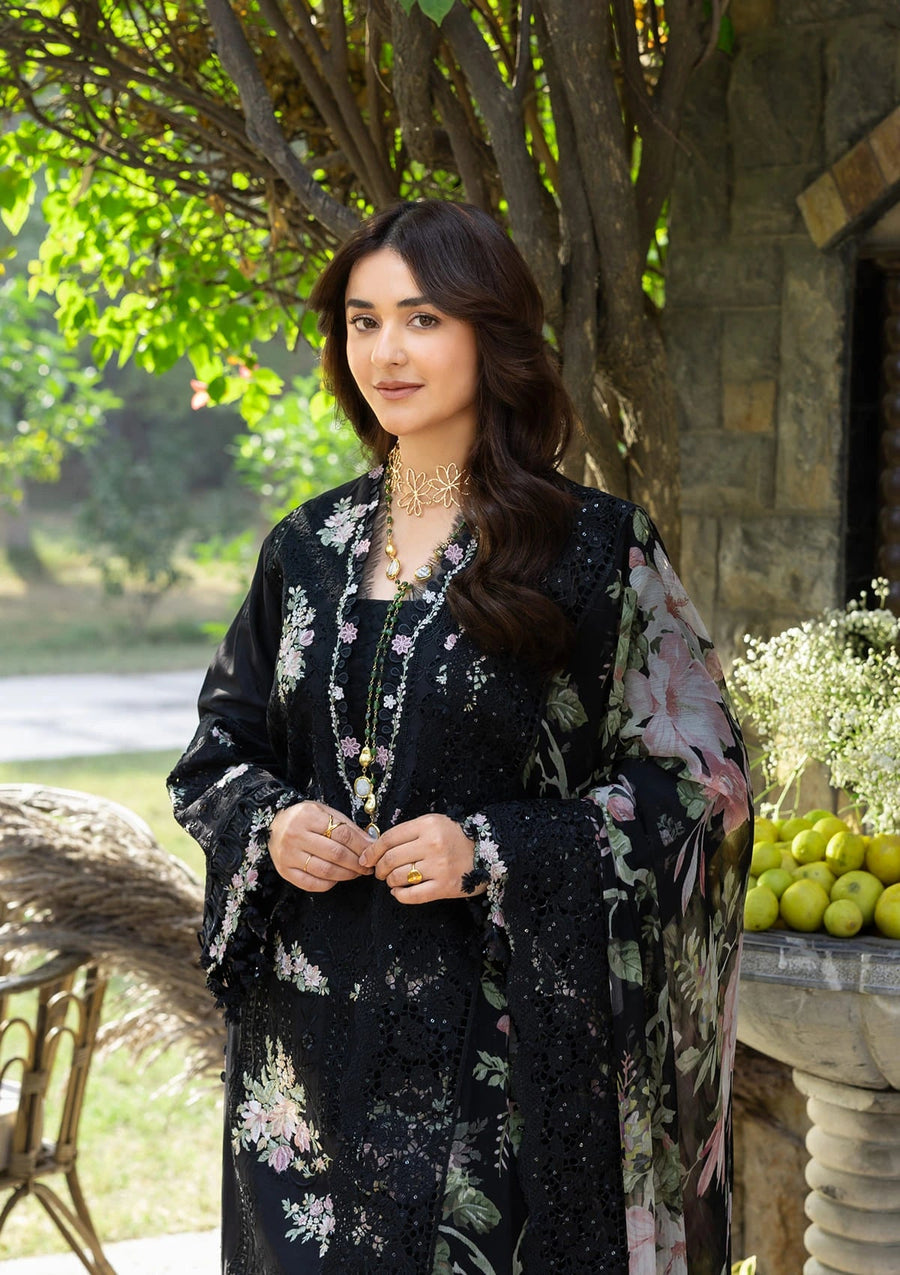 Elaf Premium Embroidered Luxury Lawn Unstitched 3Pc Suit ELY-02B MIDNIGHT BLOSSOM