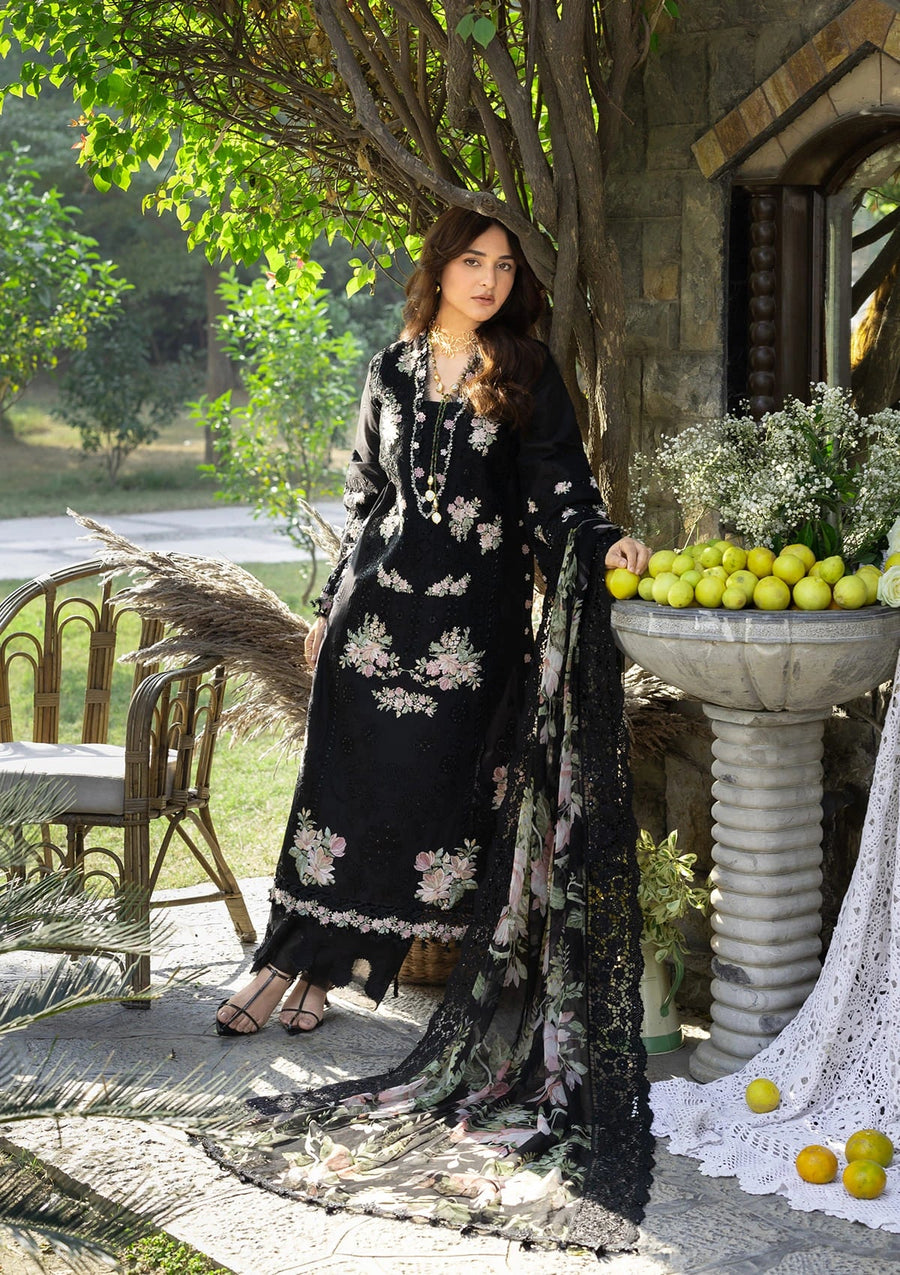 Elaf Premium Embroidered Luxury Lawn Unstitched 3Pc Suit ELY-02B MIDNIGHT BLOSSOM