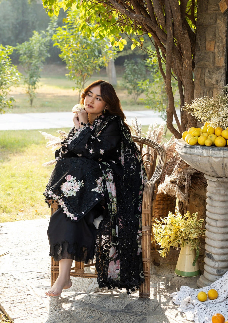 Elaf Premium Embroidered Luxury Lawn Unstitched 3Pc Suit ELY-02B MIDNIGHT BLOSSOM