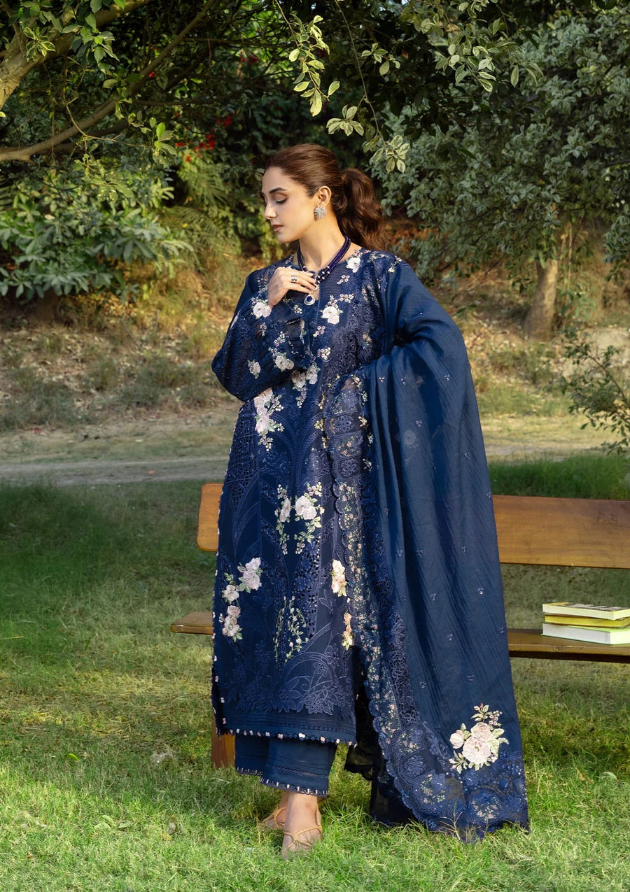 Elaf Premium Embroidered Luxury Lawn Unstitched 3Pc Suit ELY-04B BLUE BELLE