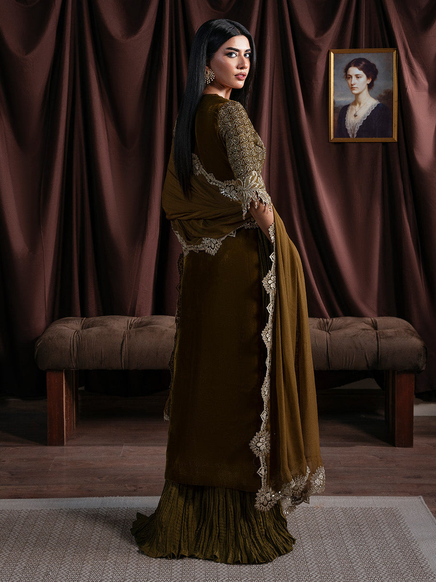 Faiza Faisal Solene Embroidered Velvet Unstitched 3Pc Suit - EVANIA