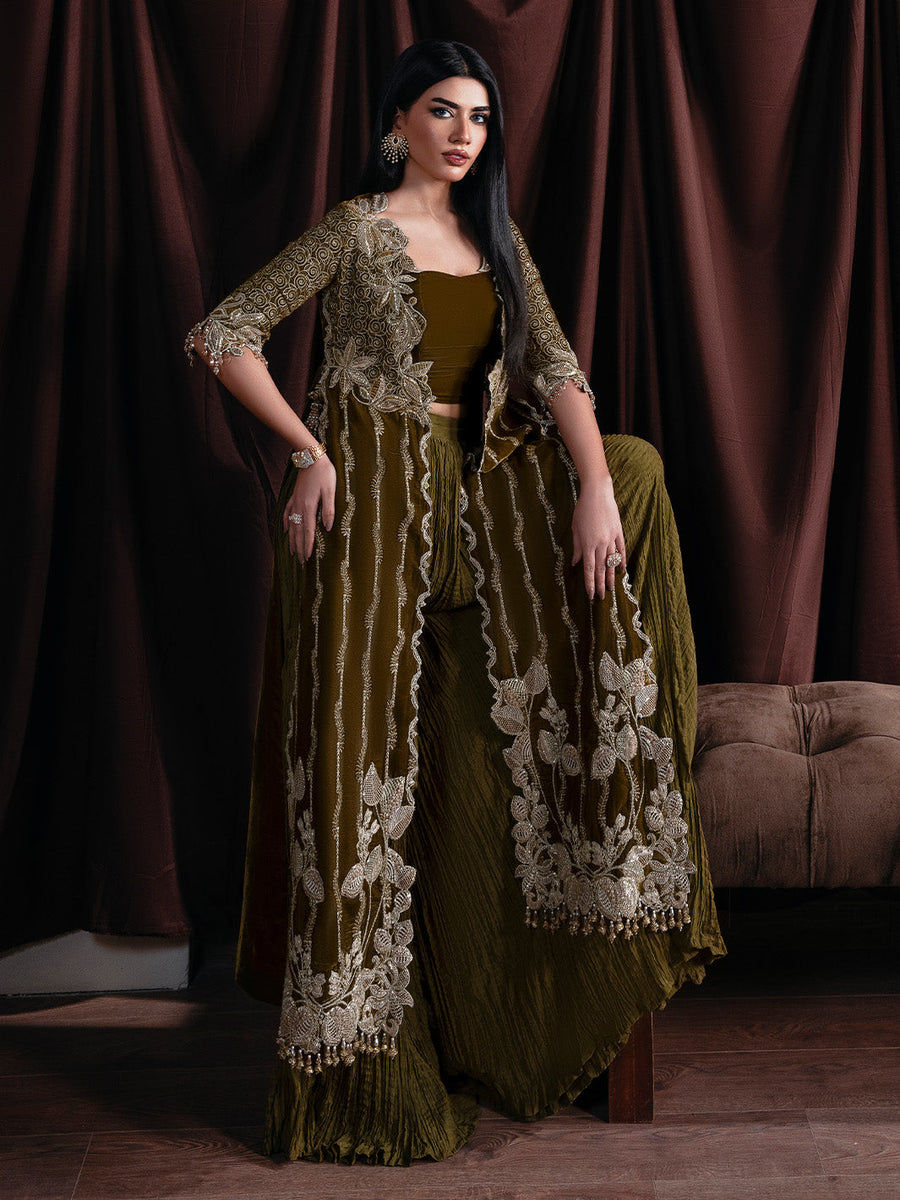 Faiza Faisal Solene Embroidered Velvet Unstitched 3Pc Suit - EVANIA