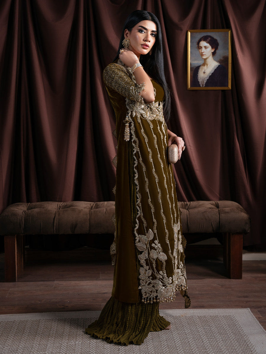 Faiza Faisal Solene Embroidered Velvet Unstitched 3Pc Suit - EVANIA