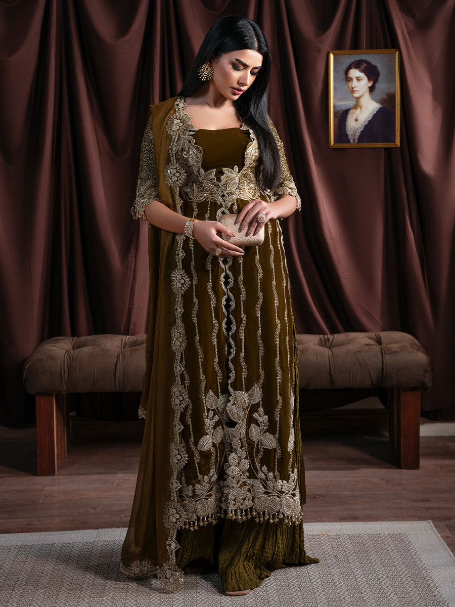 Faiza Faisal Solene Embroidered Velvet Unstitched 3Pc Suit - EVANIA