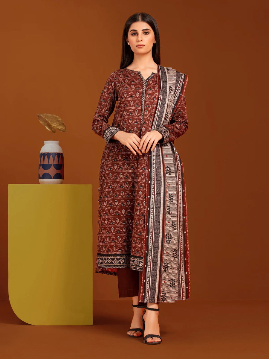 edenrobe Allure Printed Khaddar Unstitched 3Pc Suit EWU23A3-27118-3P