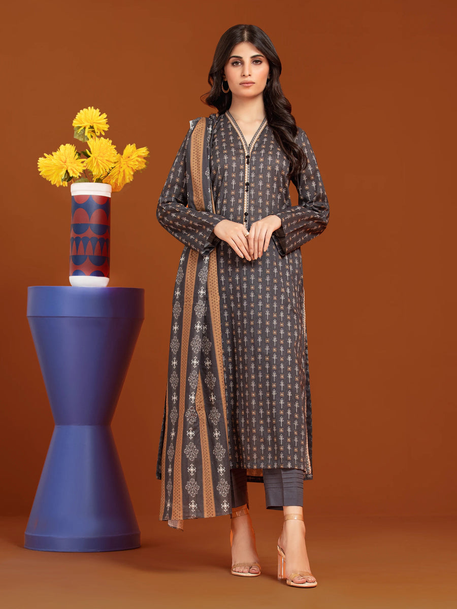 edenrobe Allure Khaddar Unstitched Printed 3Pc Suit EWU24A3-27046