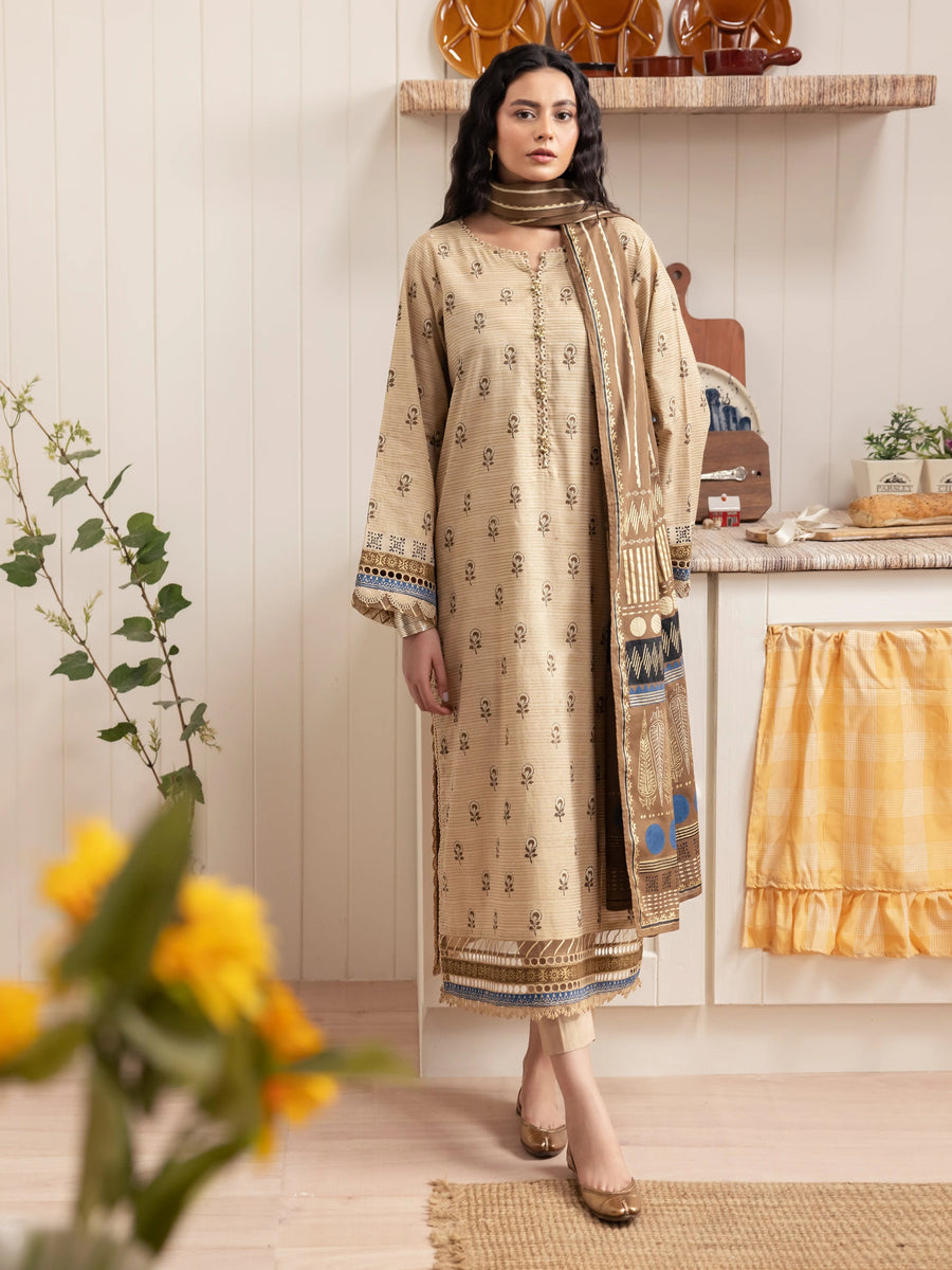 edenrobe Block Print Cambric Unstitched 3Pc Suit EWU24M1-049
