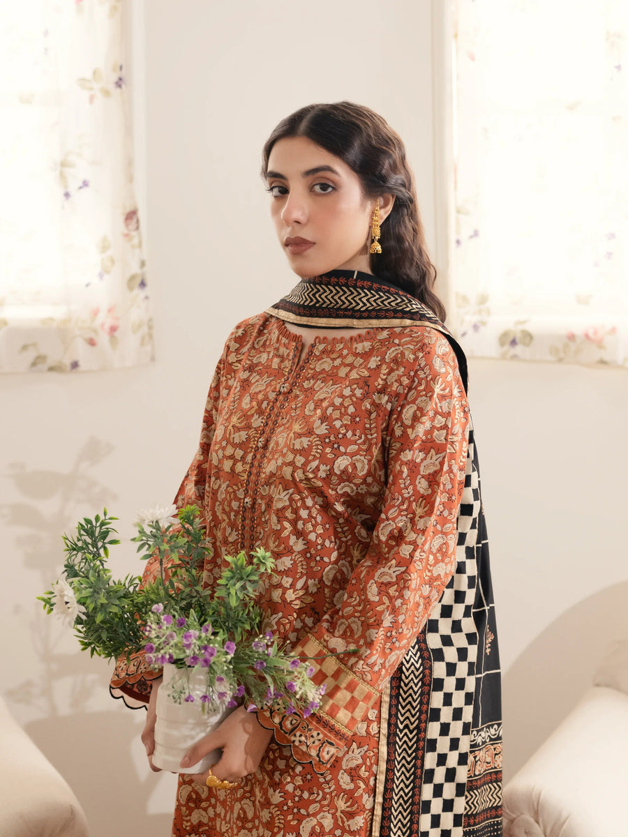 edenrobe Block Print Cambric Unstitched 3Pc Suit EWU24M1-052