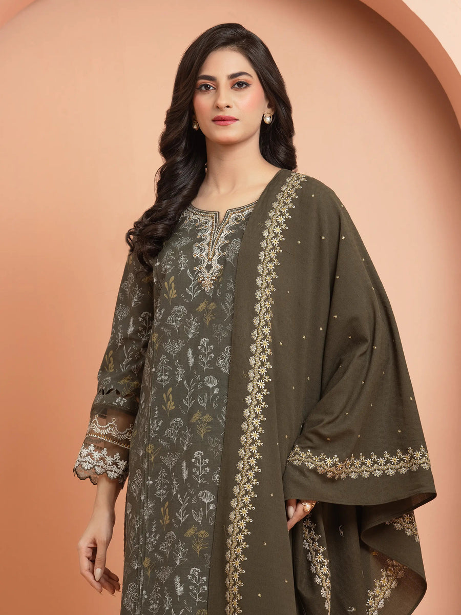 edenrobe Embroidered Khaddar Unstitched 3Pc Suit EWU24V11-30196