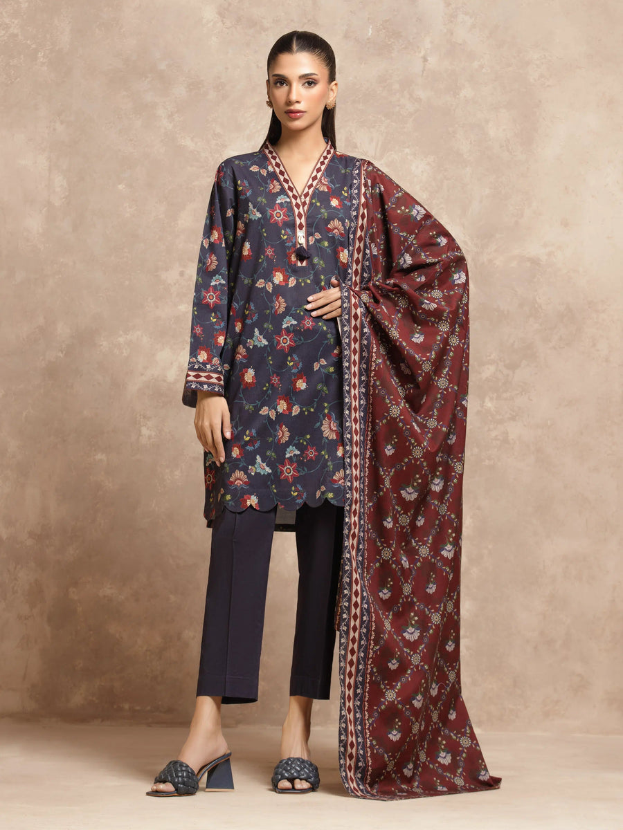 edenrobe Allure Unstitched Printed Khaddar 3Pc Suit EWU5A3-36028