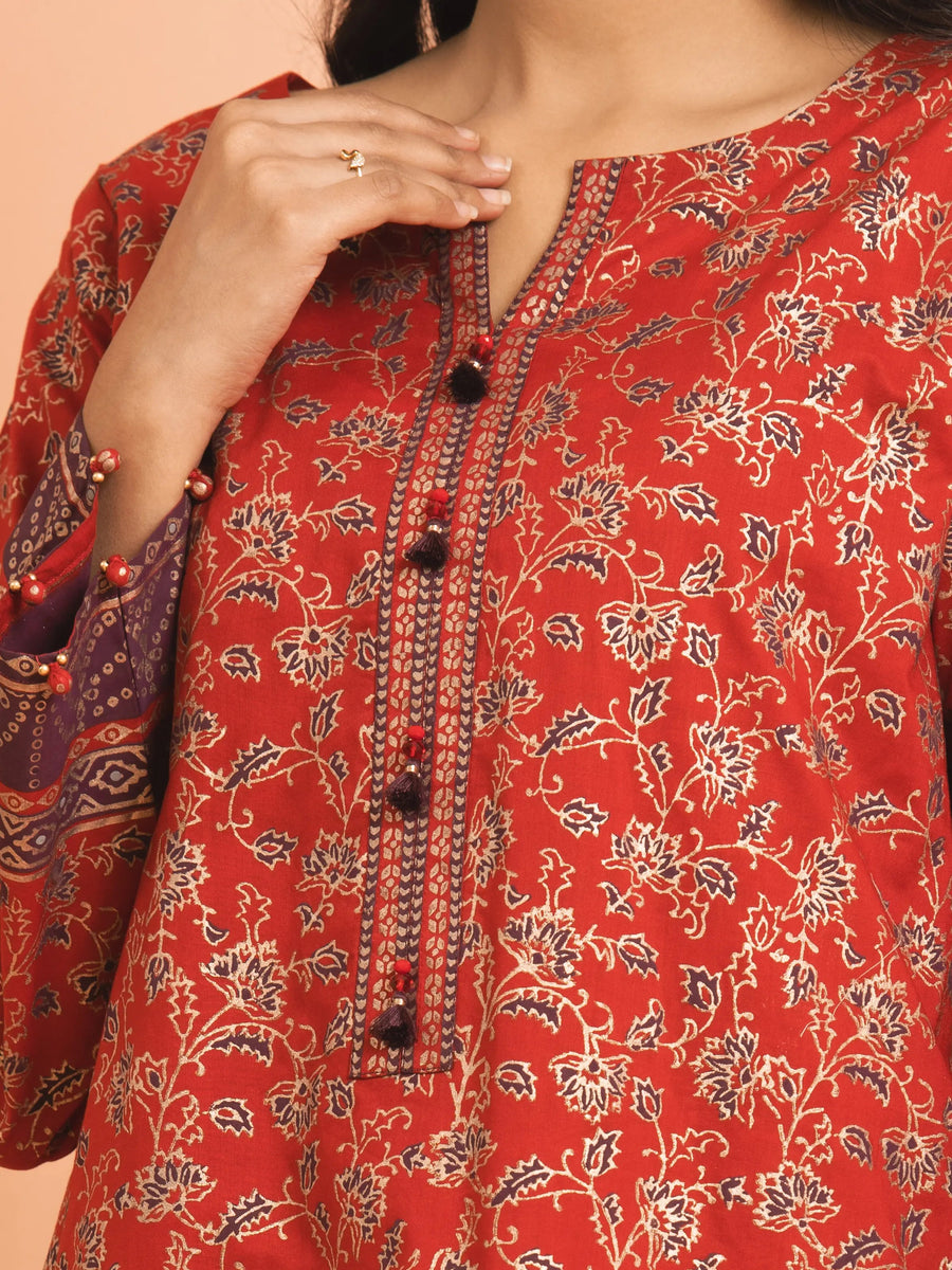 edenrobe Block Print Cambric Unstitched 3Pc Suit EWU5M1-004
