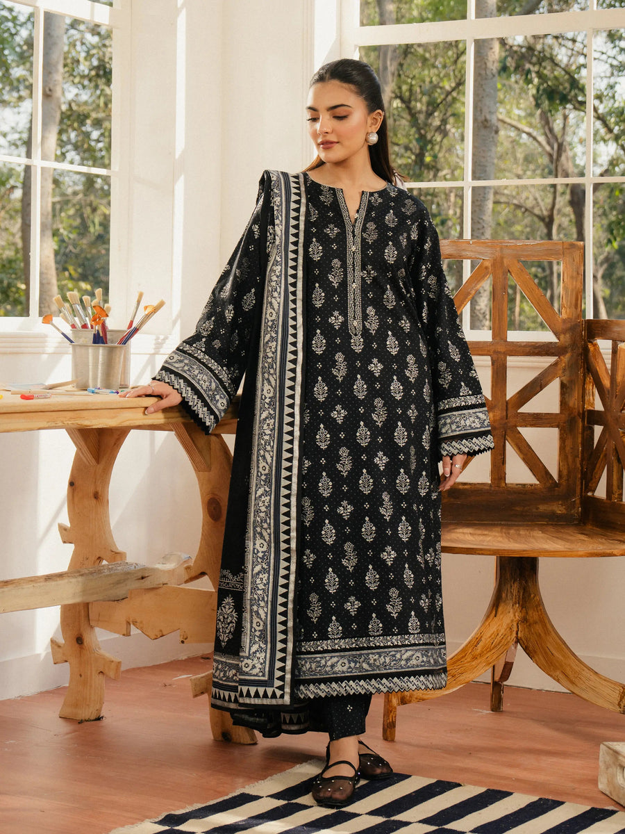 edenrobe Block Print Cambric Unstitched 3Pc Suit EWU5M1-006