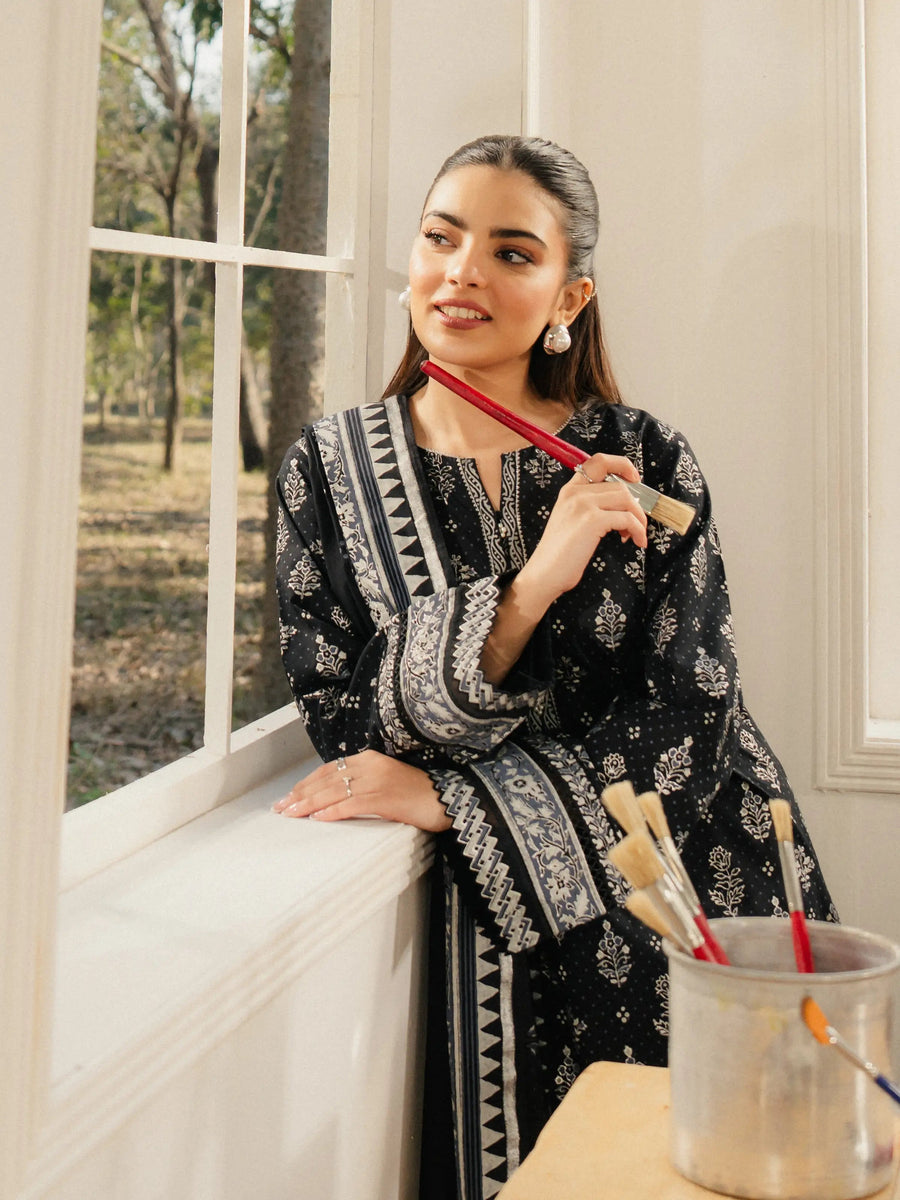 edenrobe Block Print Cambric Unstitched 3Pc Suit EWU5M1-006