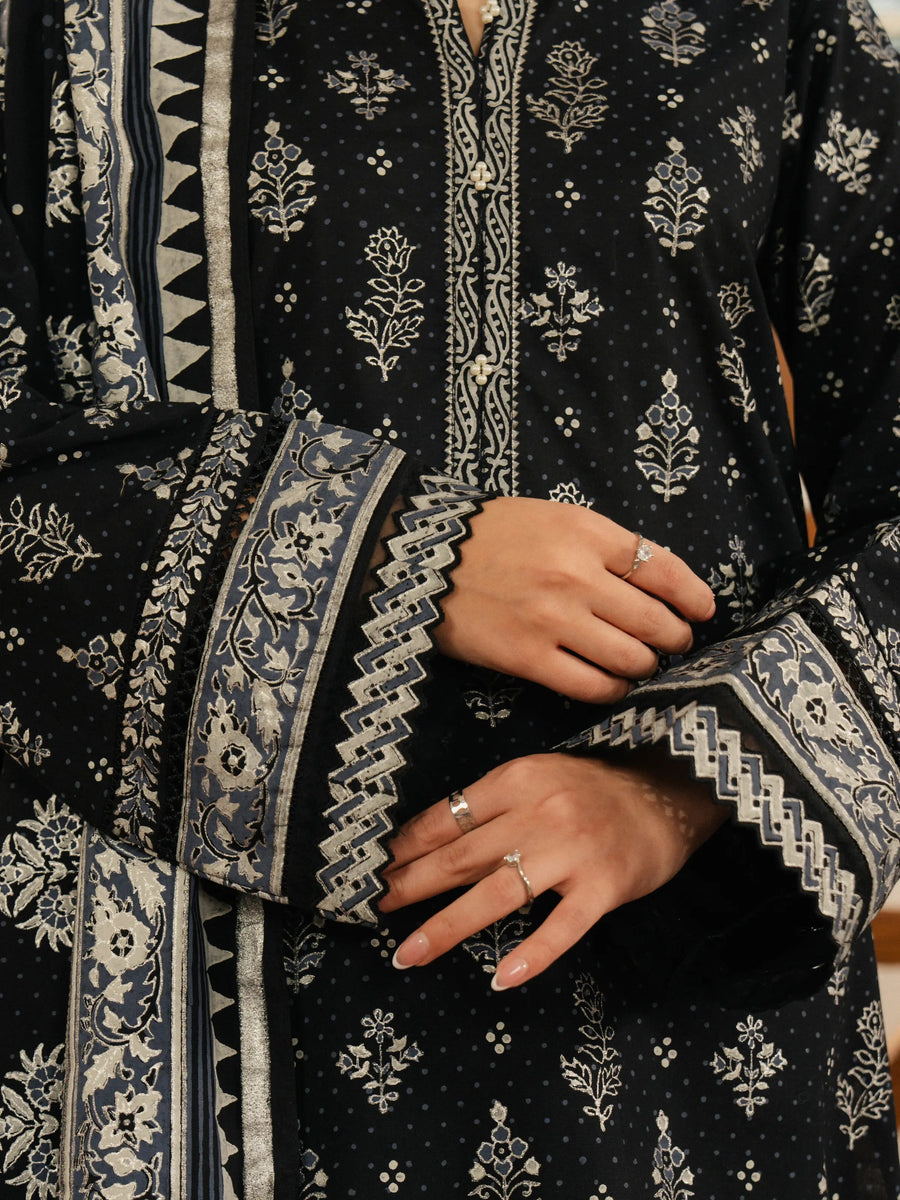 edenrobe Block Print Cambric Unstitched 3Pc Suit EWU5M1-006