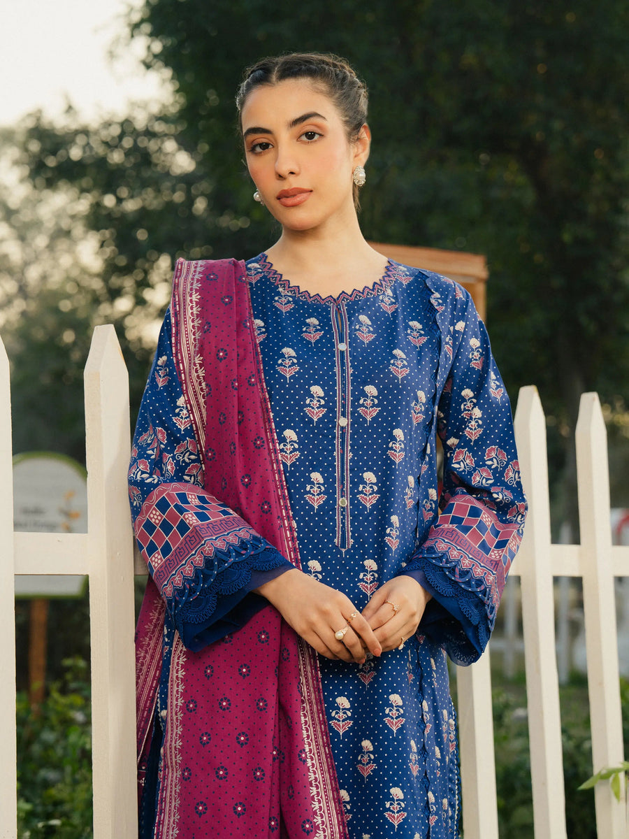 edenrobe Block Print Cambric Unstitched 3Pc Suit EWU5M1-007