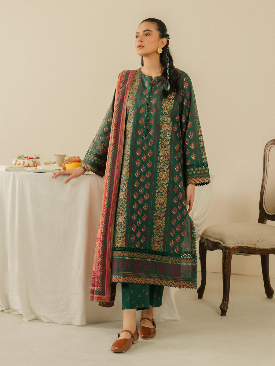 edenrobe Block Print Cambric Unstitched 3Pc Suit EWU5M1-013