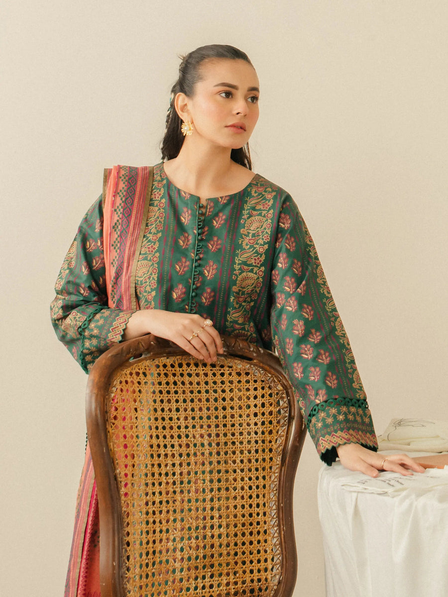 edenrobe Block Print Cambric Unstitched 3Pc Suit EWU5M1-013