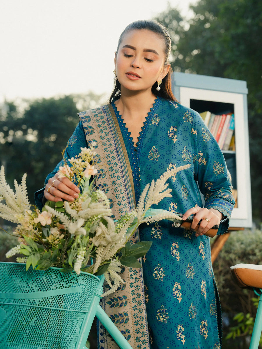 edenrobe Block Print Cambric Unstitched 3Pc Suit EWU5M1-018