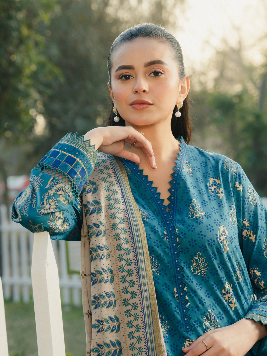 edenrobe Block Print Cambric Unstitched 3Pc Suit EWU5M1-018