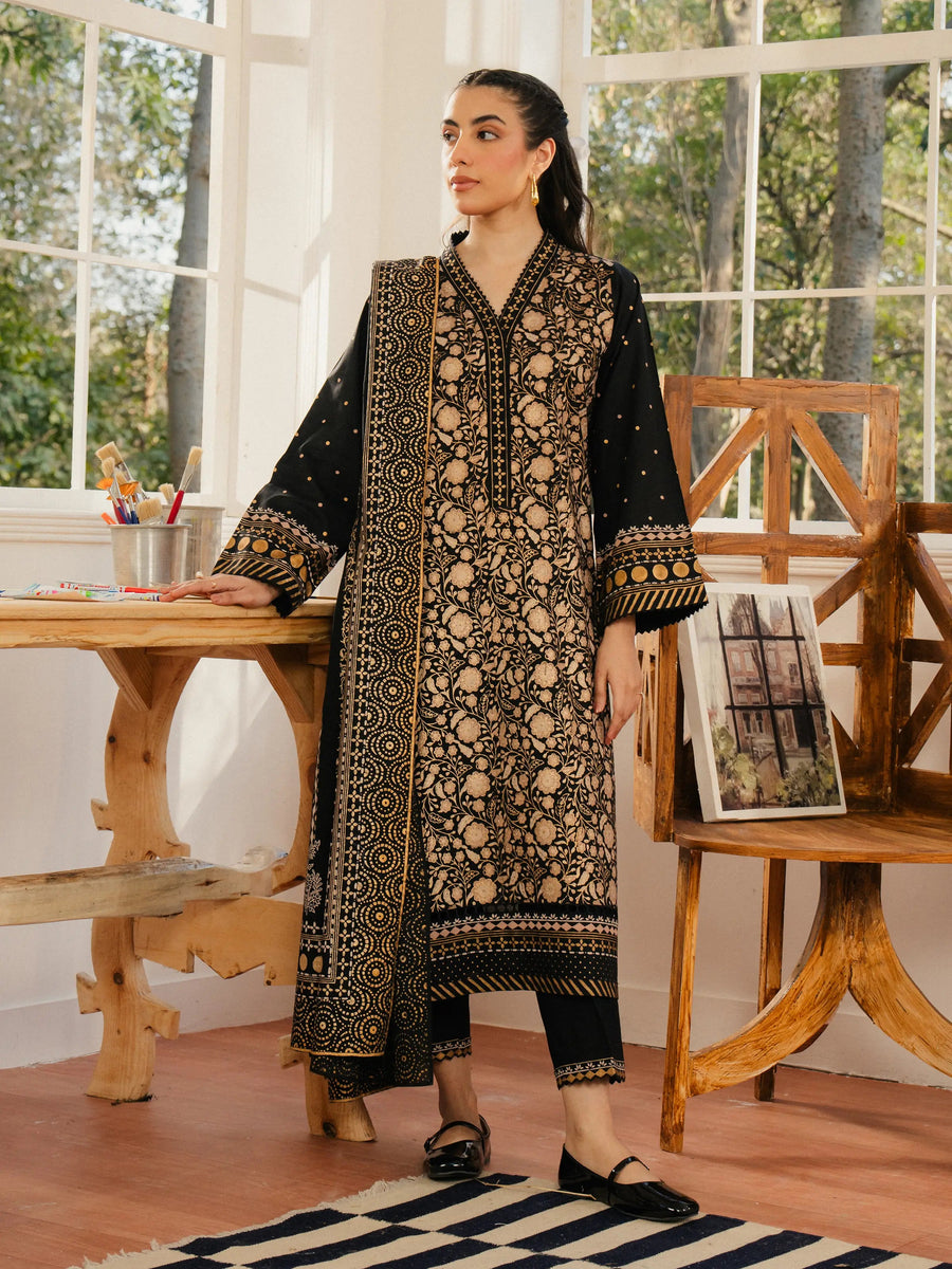edenrobe Block Print Cambric Unstitched 3Pc Suit EWU5M1-019