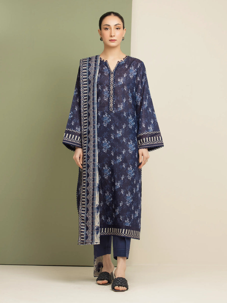 edenrobe Merak Unstitched Printed Zari Lawn 3Pc Suit EWU5M6-010