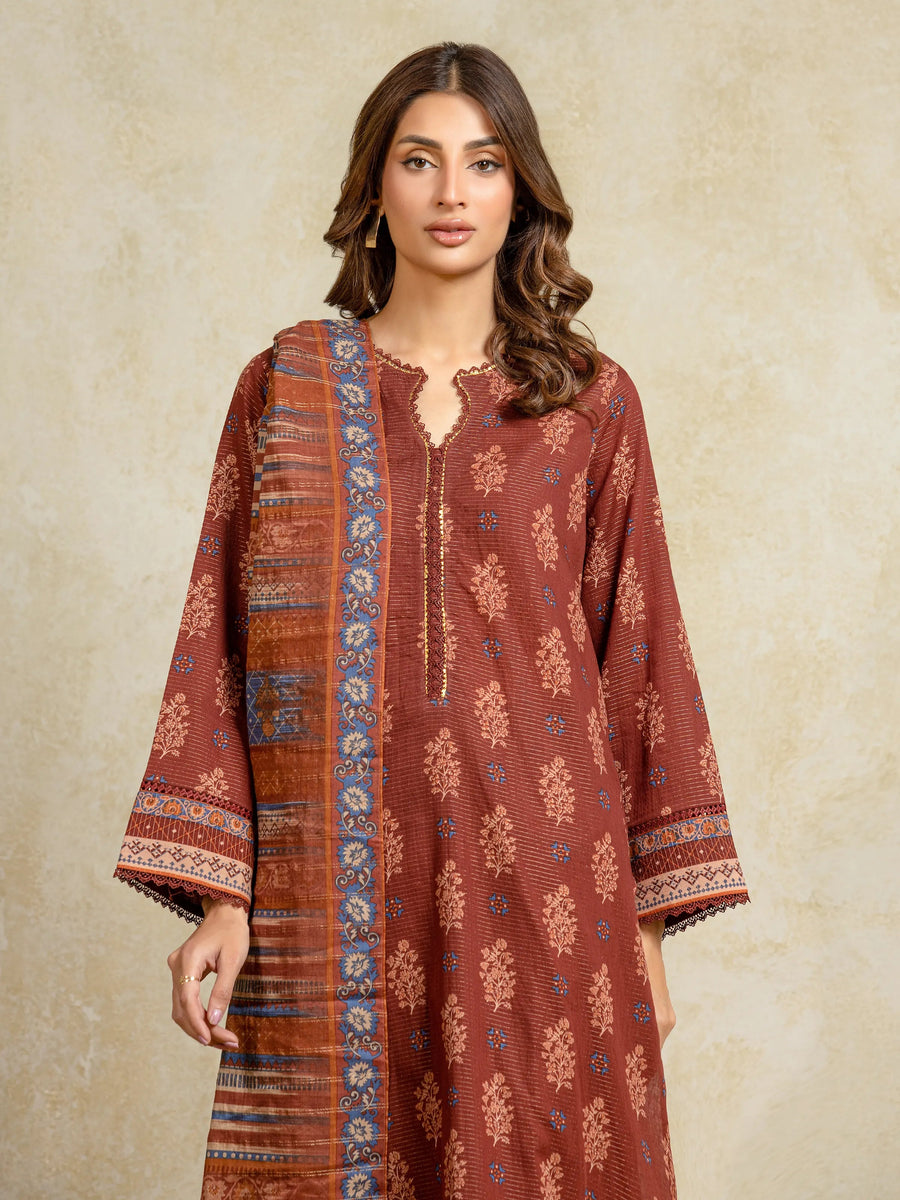 edenrobe Merak Unstitched Printed Zari Lawn 3Pc Suit EWU5M6-019