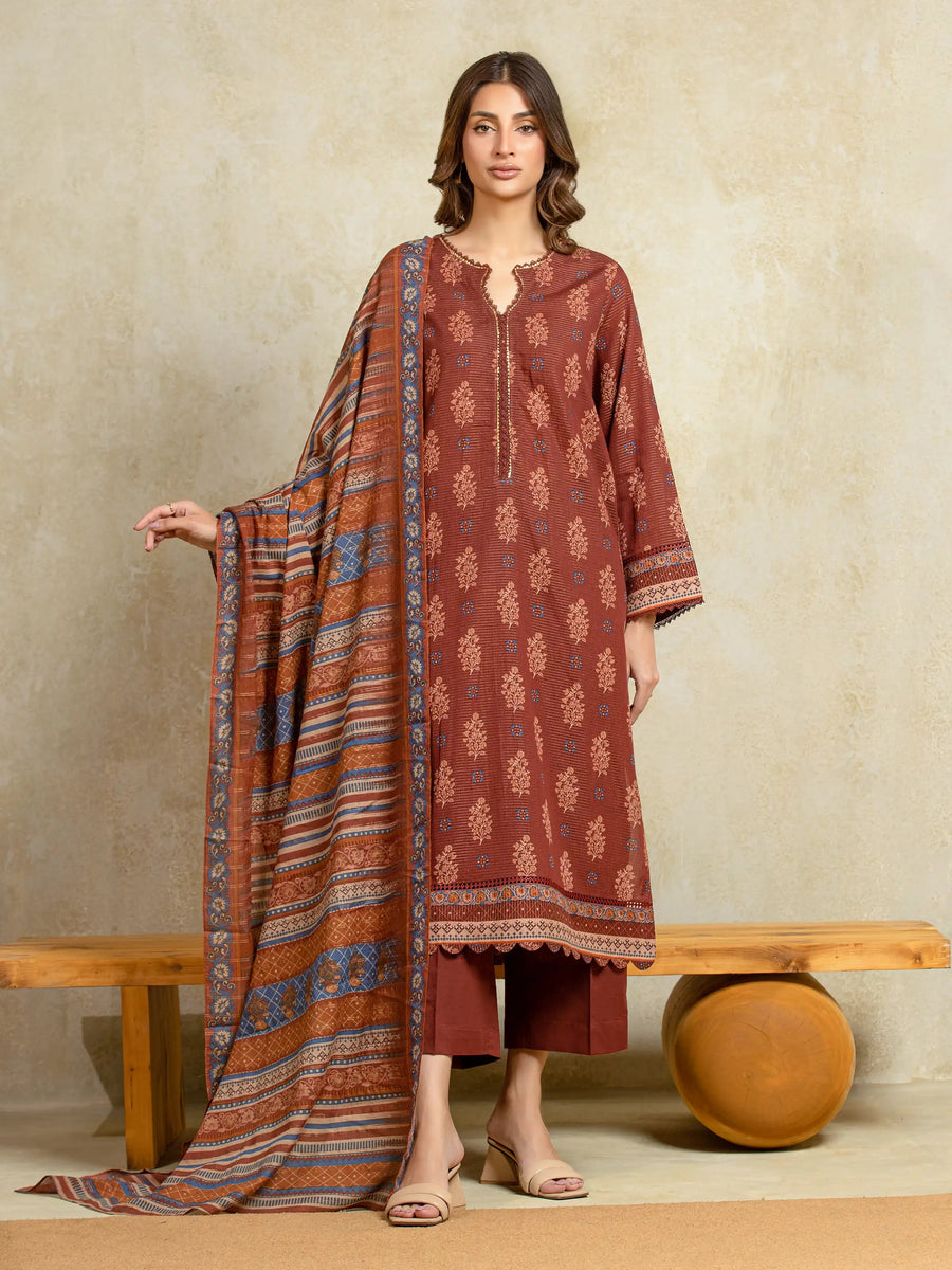 edenrobe Merak Unstitched Printed Zari Lawn 3Pc Suit EWU5M6-019