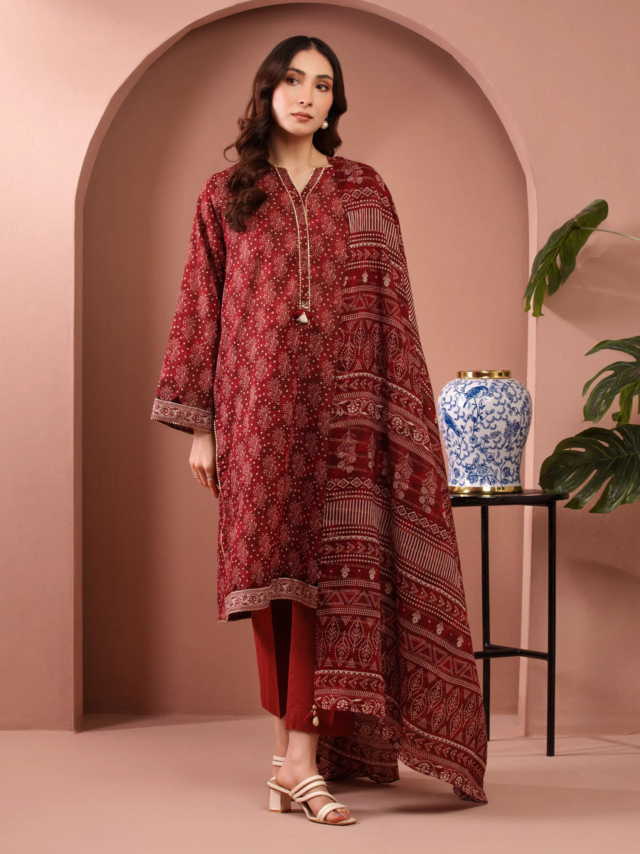edenrobe Merak Unstitched Printed Zari Lawn 3Pc Suit EWU5M6-020