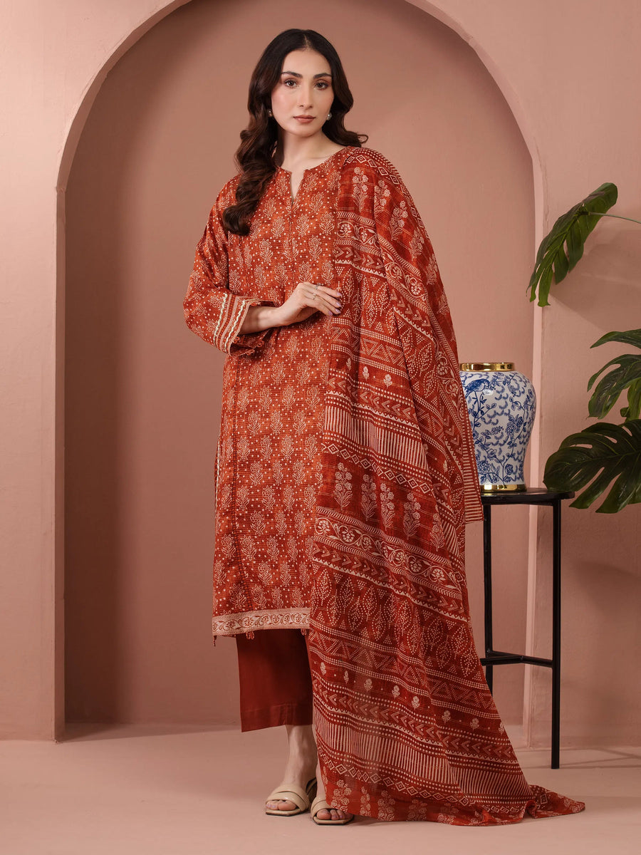 edenrobe Merak Unstitched Printed Zari Lawn 3Pc Suit EWU5M6-021