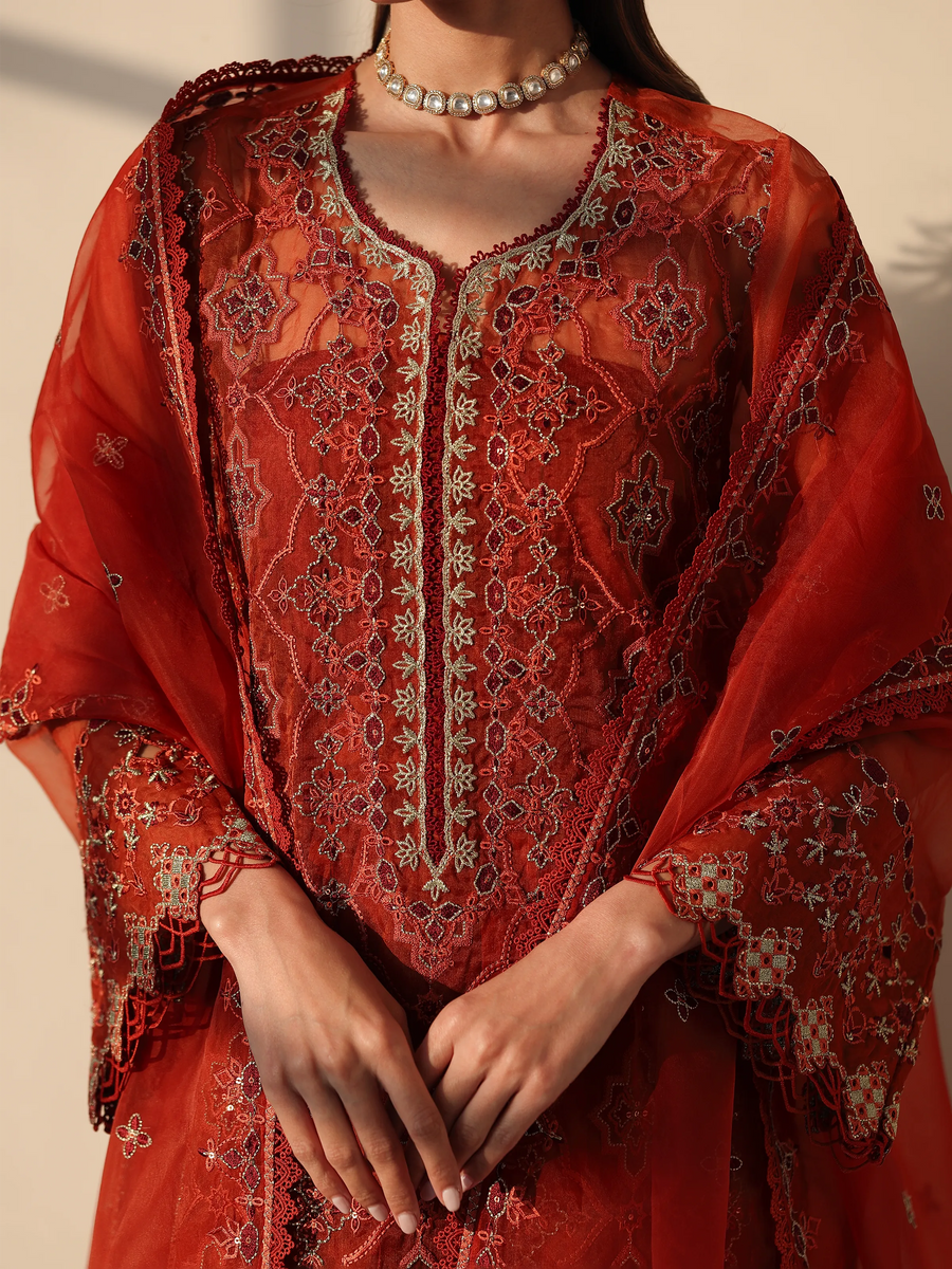 edenrobe Premium Festive Unstitched Organza 3Pc Suit EWU5V4-31267