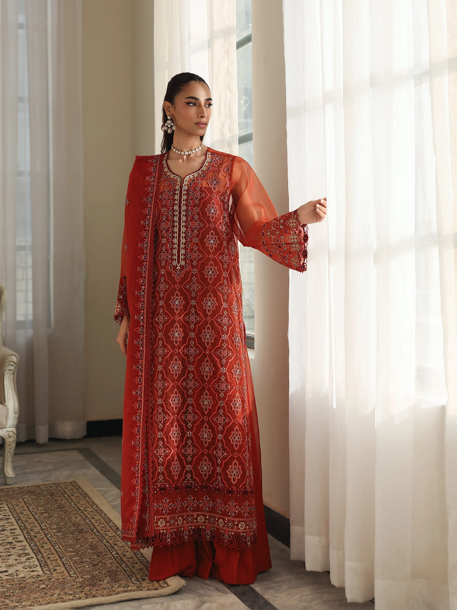 edenrobe Premium Festive Unstitched Organza 3Pc Suit EWU5V4-31267