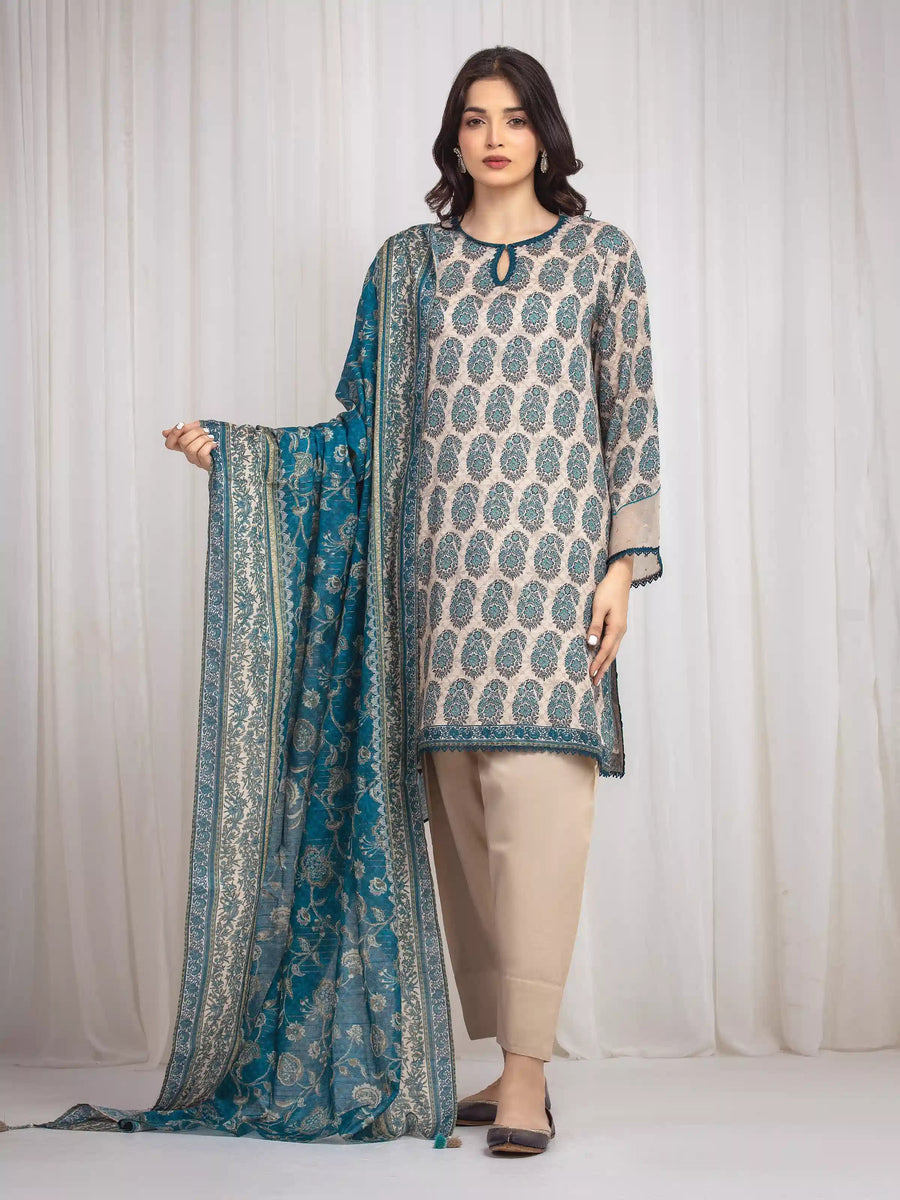 edenrobe Merak Printed Zari Lawn Unstitched 3Pc Suit EWU6M6-012