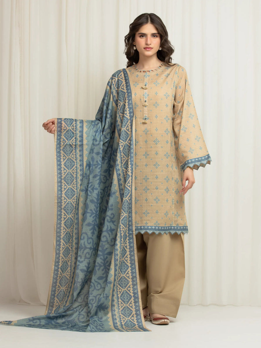 edenrobe Merak Printed Zari Lawn Unstitched 3Pc Suit EWU6M6-030