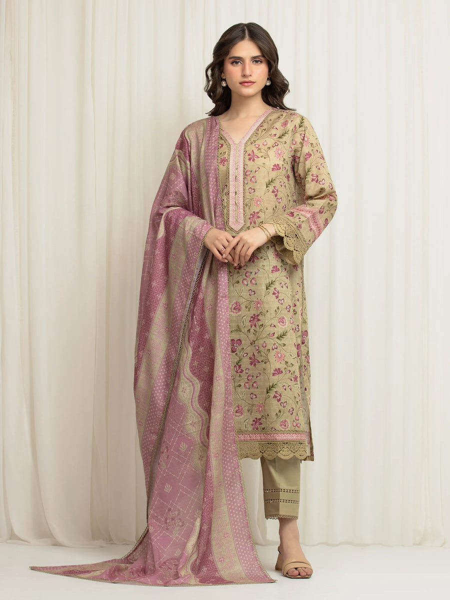 edenrobe Merak Printed Zari Lawn Unstitched 3Pc Suit EWU6M6-033