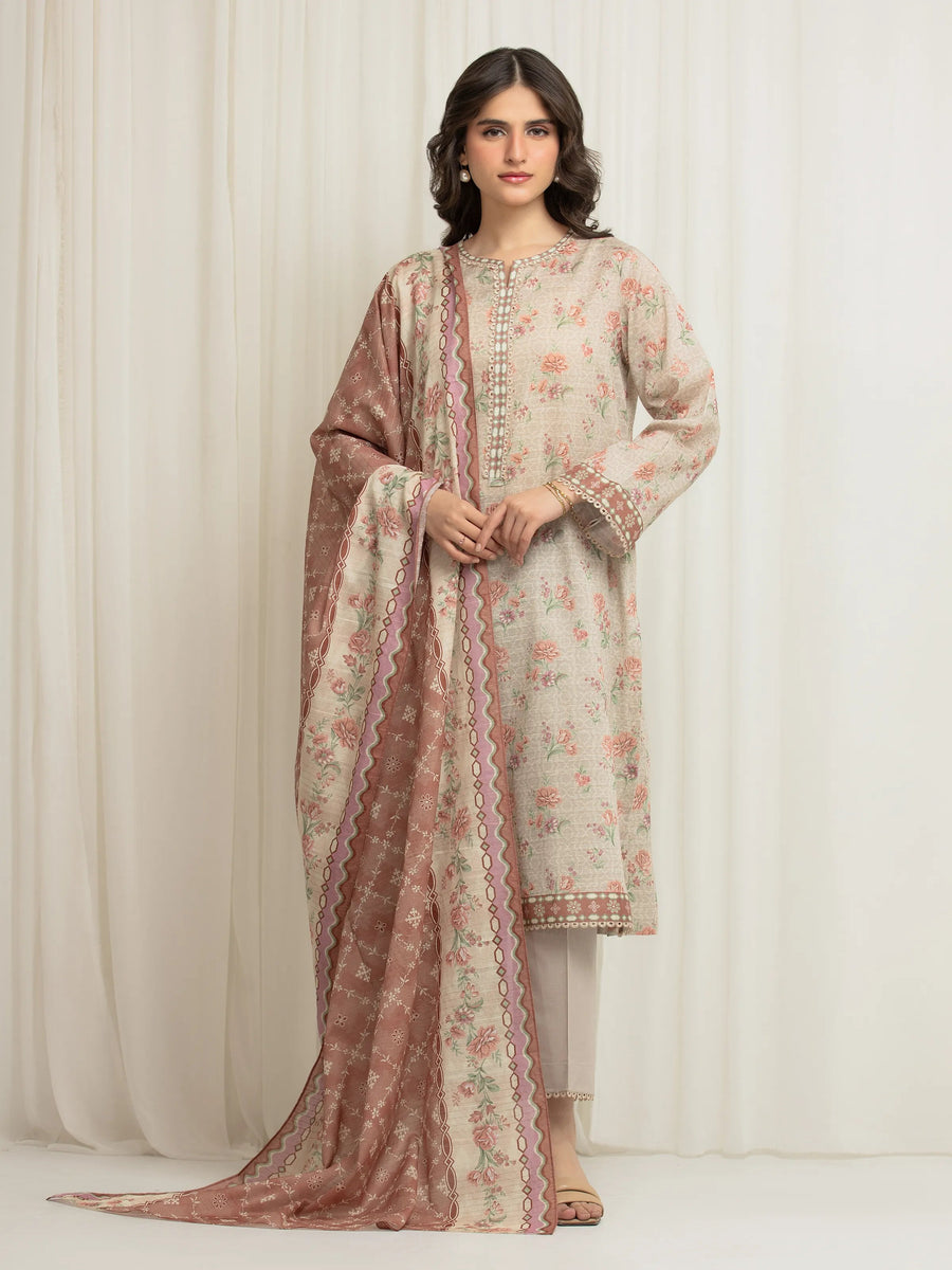 edenrobe Merak Printed Zari Lawn Unstitched 3Pc Suit EWU6M6-038