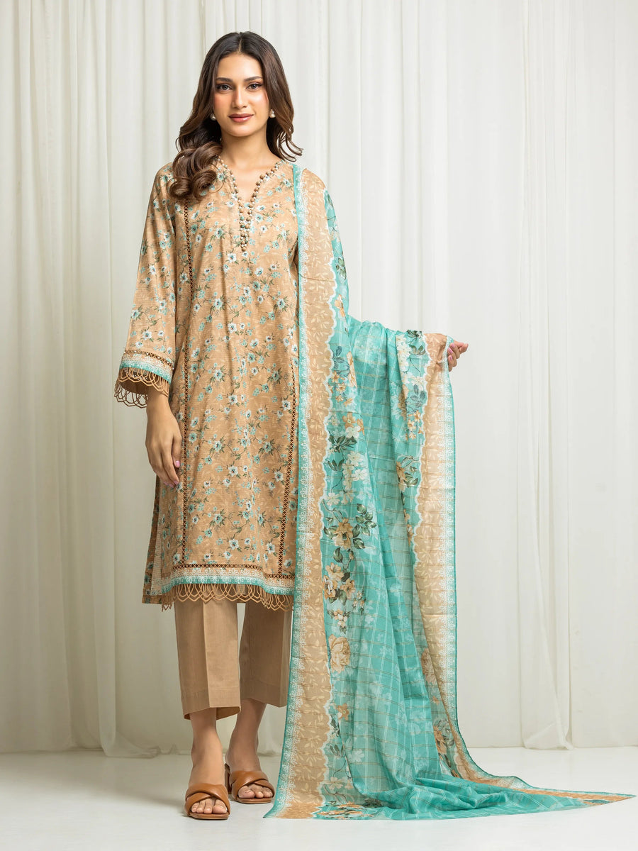 edenrobe Merak Printed Zari Lawn Unstitched 3Pc Suit EWU6M6-043