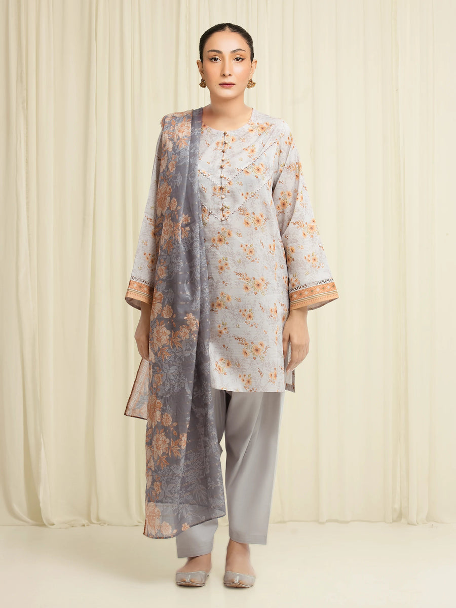 edenrobe Merak Printed Zari Lawn Unstitched 3Pc Suit EWU6M6-045