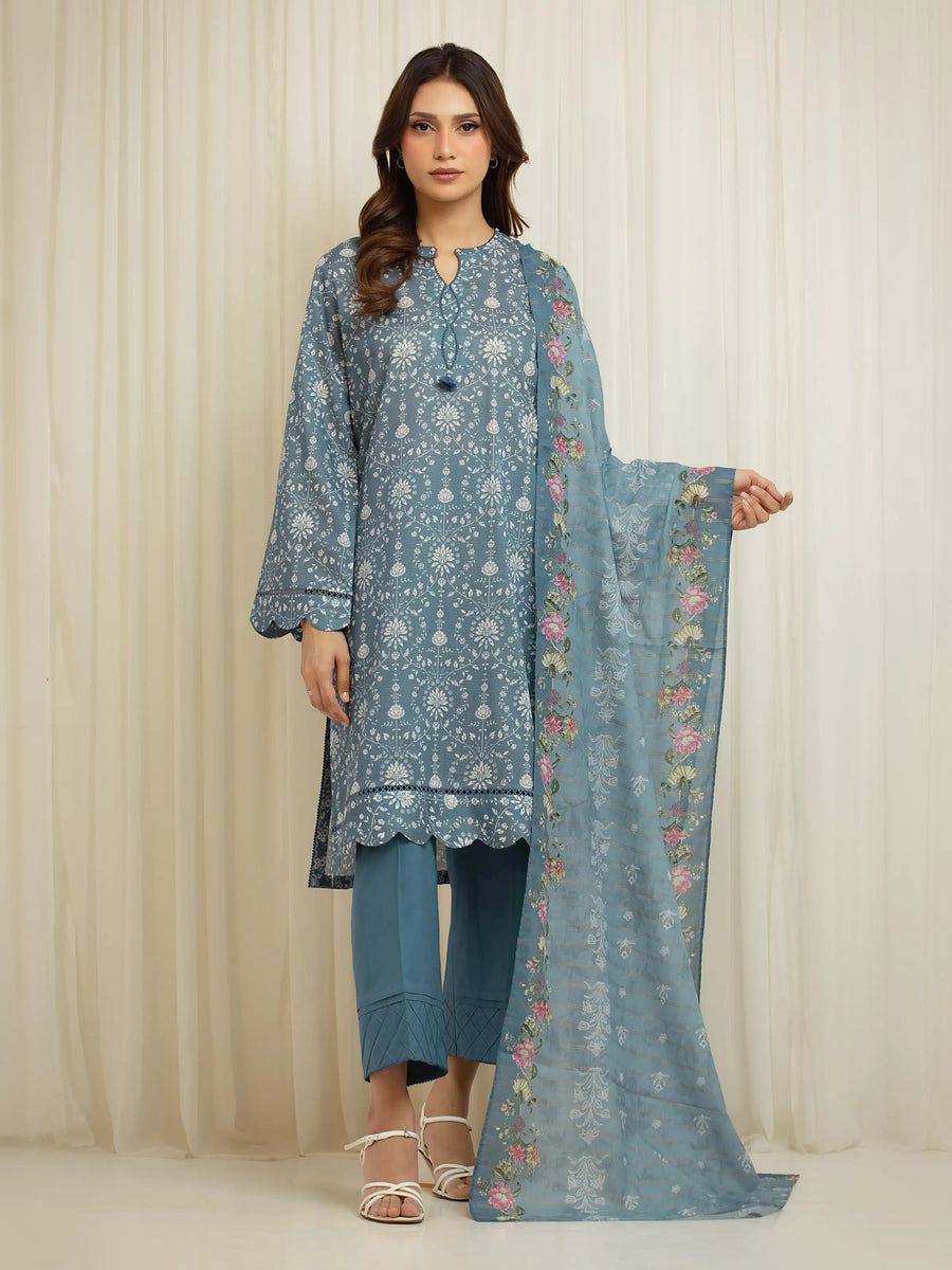 edenrobe Merak Printed Zari Lawn Unstitched 3Pc Suit EWU6M6-049
