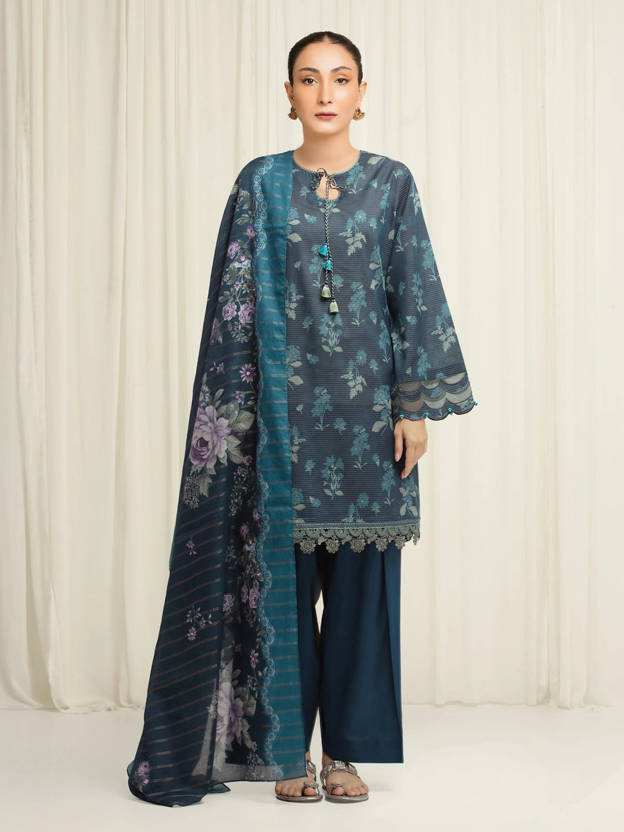 edenrobe Merak Printed Zari Lawn Unstitched 3Pc Suit EWU6M6-051