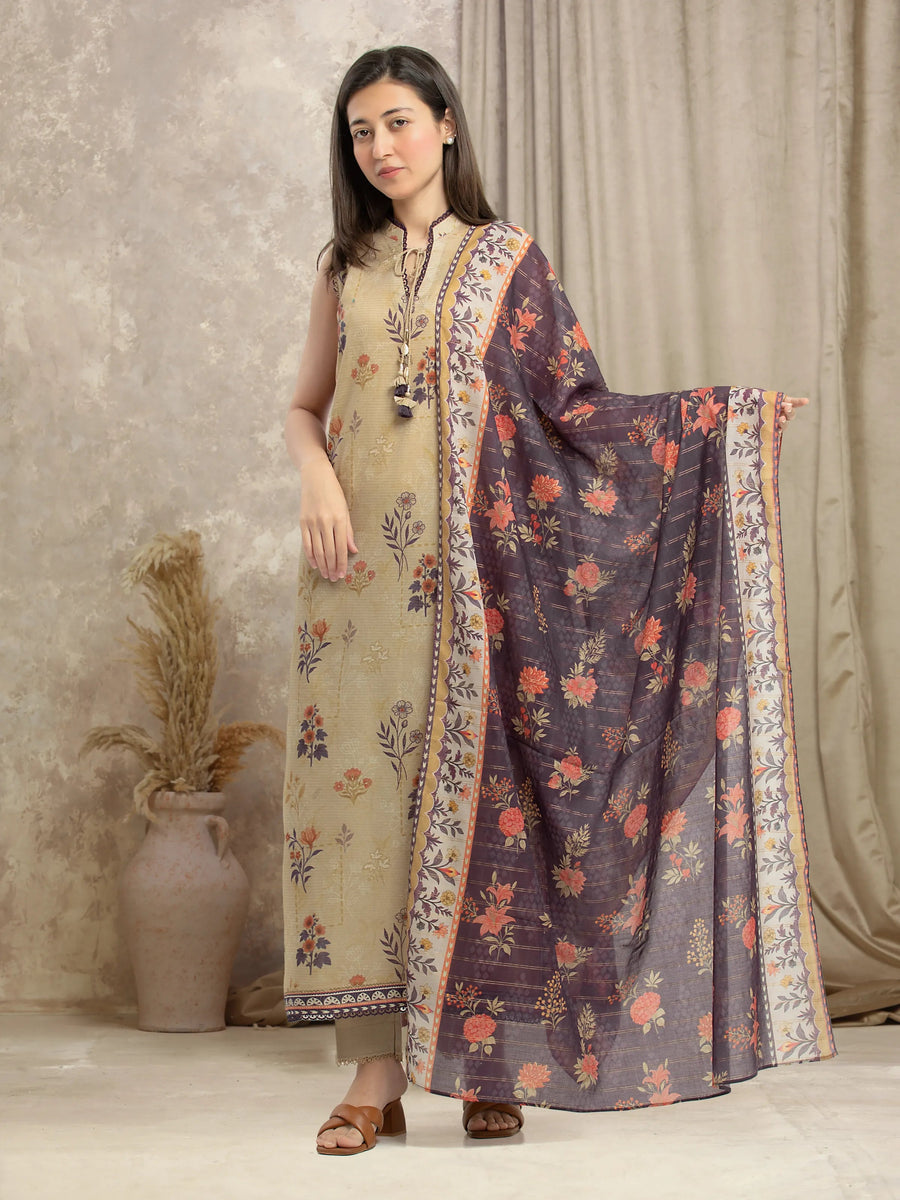 edenrobe Merak Printed Zari Lawn Unstitched 3Pc Suit EWU6M6-054