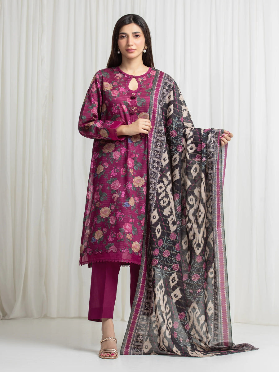 edenrobe Merak Printed Zari Lawn Unstitched 3Pc Suit EWU6M6-058