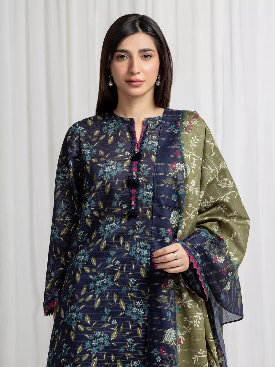 edenrobe Merak Printed Zari Lawn Unstitched 3Pc Suit EWU6M6-065