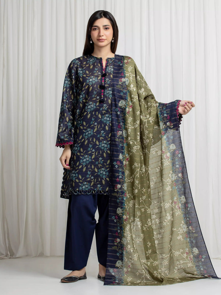 edenrobe Merak Printed Zari Lawn Unstitched 3Pc Suit EWU6M6-065