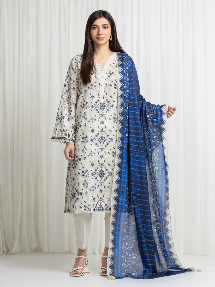 edenrobe Merak Printed Zari Lawn Unstitched 3Pc Suit EWU6M6-069