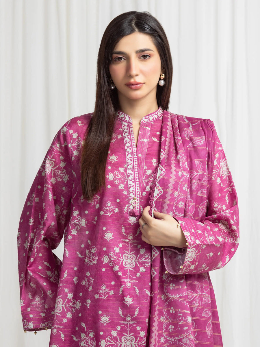 edenrobe Merak Printed Zari Lawn Unstitched 3Pc Suit EWU6M6-070