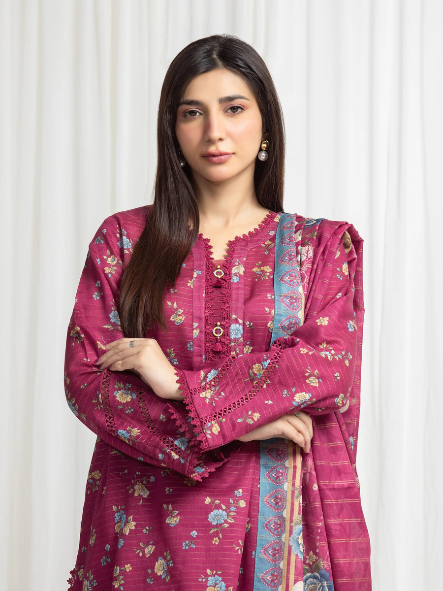 edenrobe Merak Printed Zari Lawn Unstitched 3Pc Suit EWU6M6-071